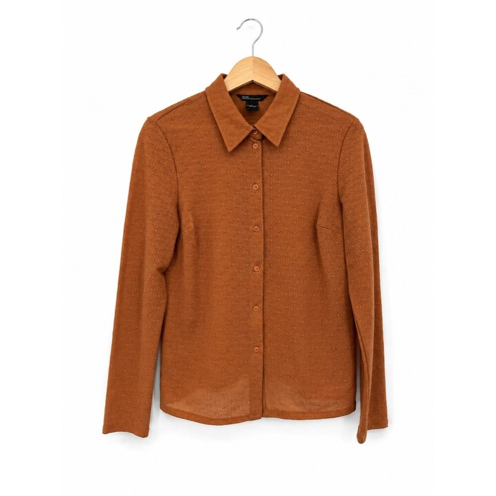 Guess Collection Orange Brown Pattern Blouse Top Size Large Retro Y2k Geometric